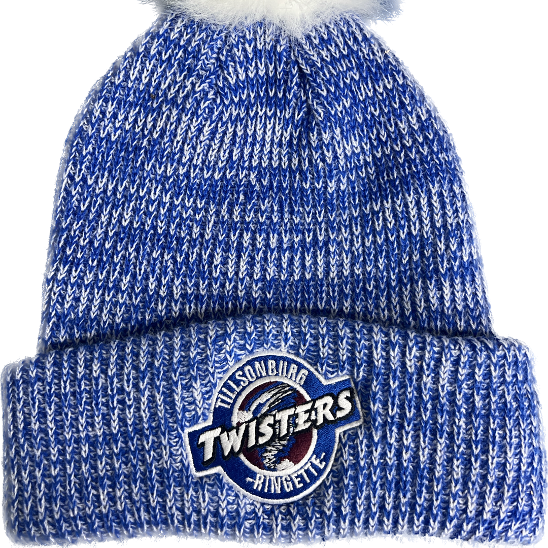 A blue and white striped acrylic toque with a faux fur pom-pom on a white background.