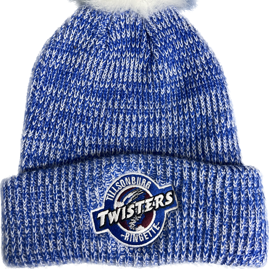 A blue and white striped acrylic toque with a faux fur pom-pom on a white background.