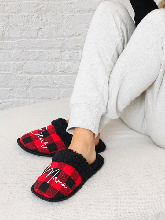 Personalized Buffalo Plaid Ladies Sherpa Lined  Slippers